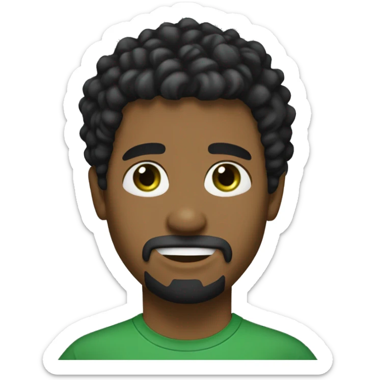 Male with curly black medium length hair and bangs. He wears a black t-shirt and has green eyes. he has a little goatee sticker
