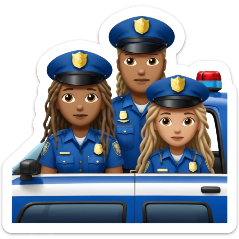 African American male police officer with long dreadlocks with Caucasian woman police officer both sitting in New York police car sticker