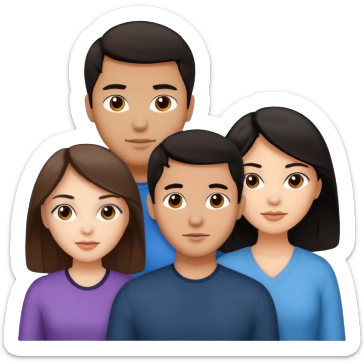 three people, one white girl with brown hair, one hispanic man with dark hair, and one tan asian woman with black hair, as a poly couple emoji sticker