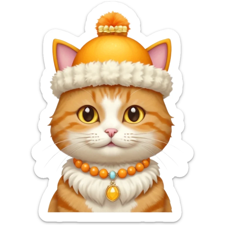 cat wearing a creamy cake hat with fun necklace around his neck and a yellow bow in the middle sticker