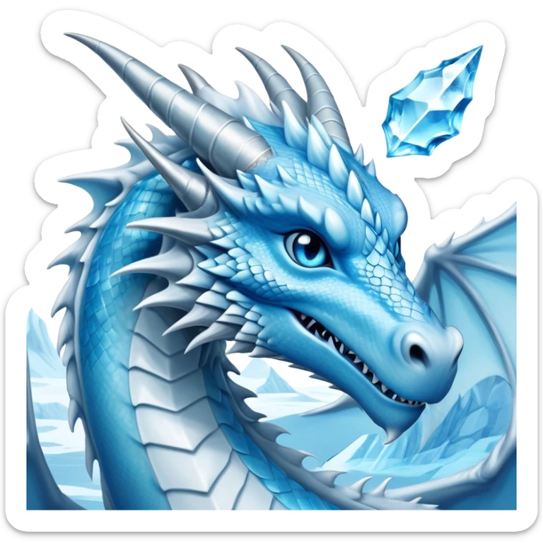 Cinematic Noble wise elegant Ice Dragon Portrait Emoji, Poised and imposing, distinct long elegant snout, with a slender, scaled body shimmering in glacial hues of icy blue, frostbitten silver, and crystalline white, breathing out frost, with piercing, glowing ice blue white eyes that radiate the chilling depths of an arctic storm; rendered in detail. excuding wisdom sticker