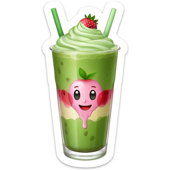 iced matcha latte in a glass with strawberry syrup at the bottom, apple emoji style sticker