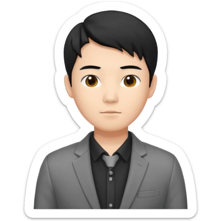 asian young man with black hair middle part haircut in grey blazer and black t-shirt  sticker