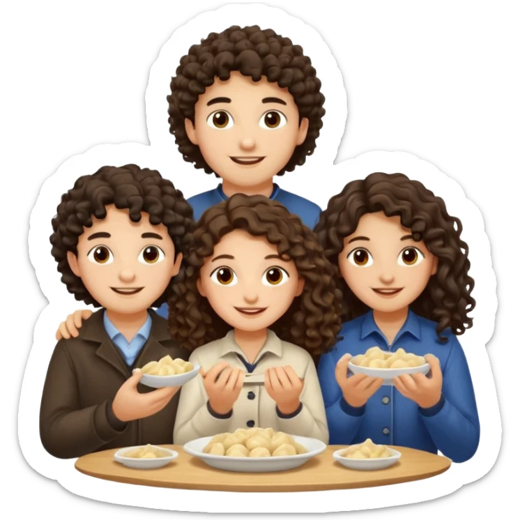 Can you create an emoji of three 23 year olds eating dumplings. One boy with wavy curly hair and one Jewish girl with long dark brown curly hair and one half Indian / half white girl with mid length dark brown hair. All brown eyes sticker