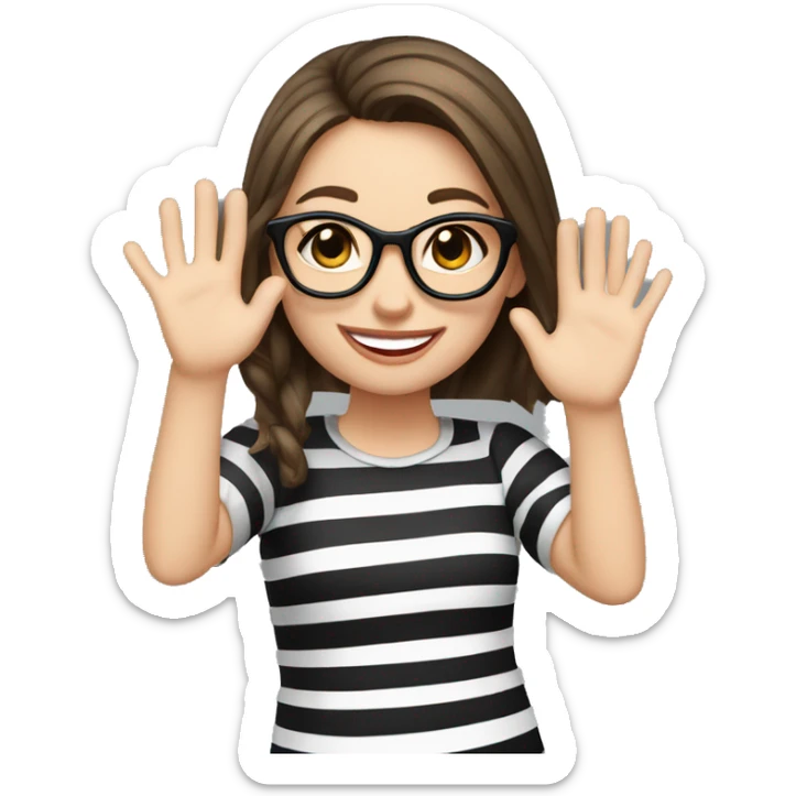 caucasian, brunette girl in black and white striped shirt and glasses, waving and smiling sticker