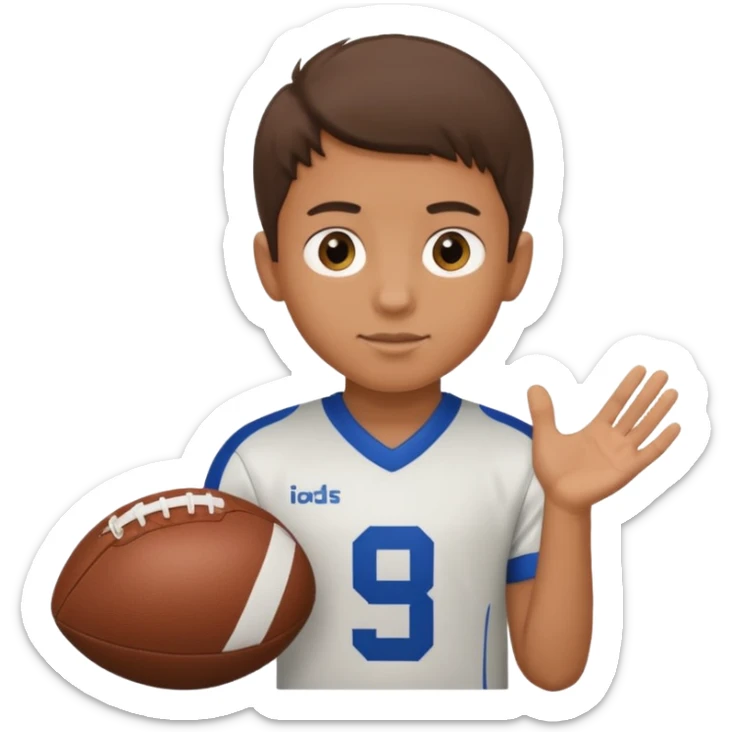 a boy having a football ball next to his hand wearing a football jersey sticker