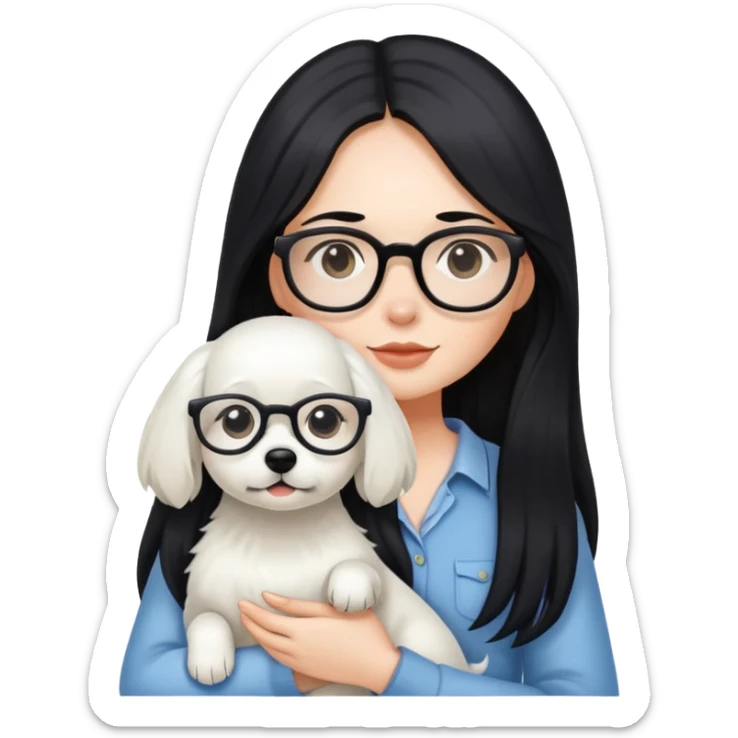 A girl with long black hair and glasses holding a white dog sticker