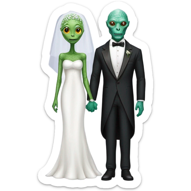 Alien reprilian woman in wedding dress, and one humman man in a tuxedo holding, hands getting married sticker