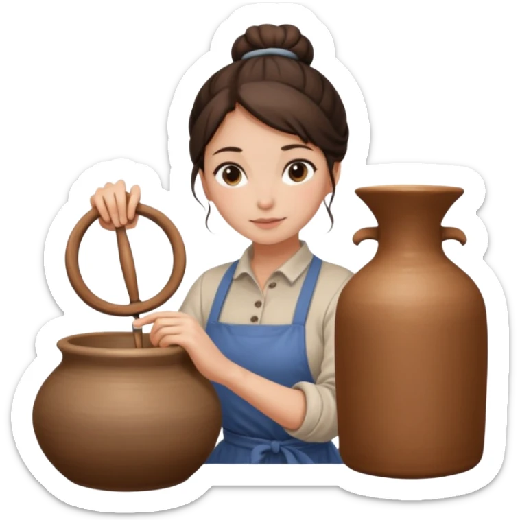 Brunette girl with a bun, behind the potter's wheel, wearing neutral clothing sticker