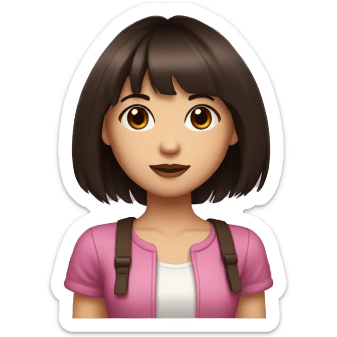 girl with dark brown choppy shoulder-length hair and straight, blunt bangs with dark pink streaks, brown eyes and fair skin with a few moles sticker