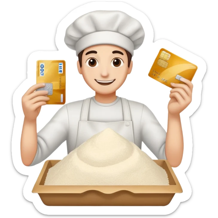 Happy emoji with credit card in hand and a pile of flour  sticker