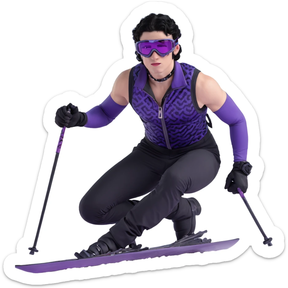 male athlete with white skin and moderately curly black hair on top with shaved sides, wearing ski goggles with purple frames and very dark black lenses, a simple plain black chain necklace, and a completely unzipped sleeveless vest with purple and black sequin fire pattern design, fully revealing his chest, shoulders and arms, no earrings sticker