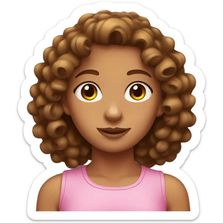 Tanned girl with brown curly hair, wearing pink with brown eyes  sticker