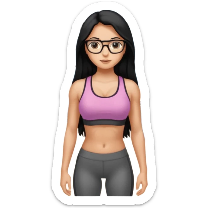 girl with long black hair, brown eyes, medium size breasts, wearing glasses and working out in the gym sticker