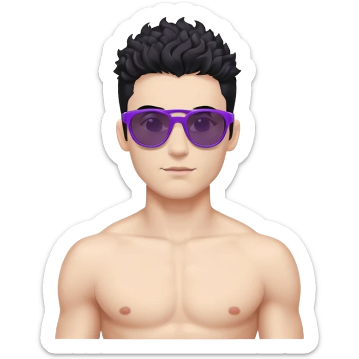 shirtless male athlete with white skin and moderately curly black hair on top with shaved sides, wearing purple sunglasses with black tinted lenses sticker