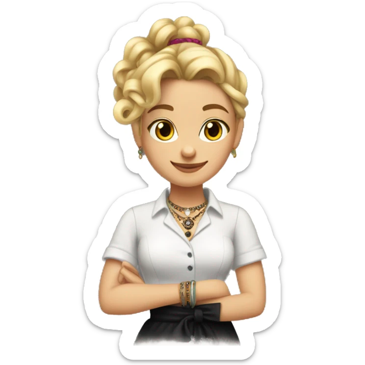 Waitress with white shirt and black apron, curly blonde hair in a pony tail, hazel eyes, lots of bohemian jewelry and bracelets  sticker
