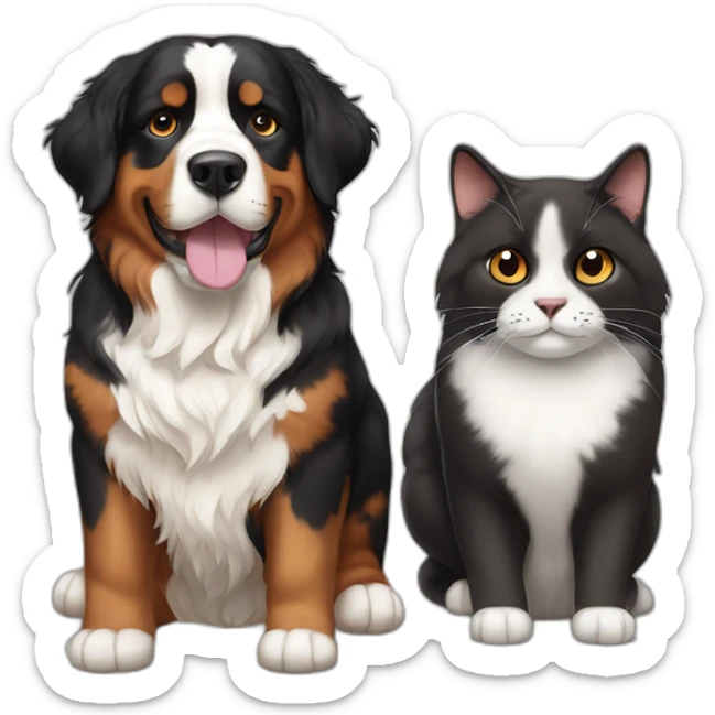 A Bernese dog next to A black and brown tortoiseshell cat without white fur sticker