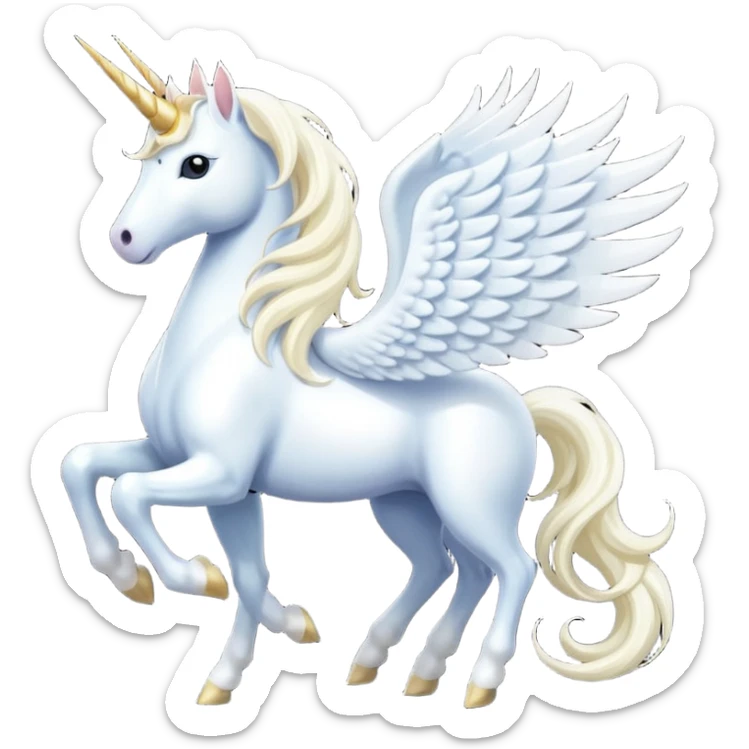 All white Cinematic Noble Unicorn with wings, slender with a flowing mane and tail and spiraled horn sticker