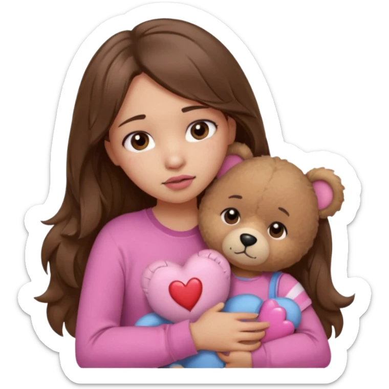 girl with long wavy brown hair, brown eyes, light to medium complexion, in a pink shirt, pink lips, long lashes, sad, hugging squeezing a teddy bear with bandaid hearts sticker