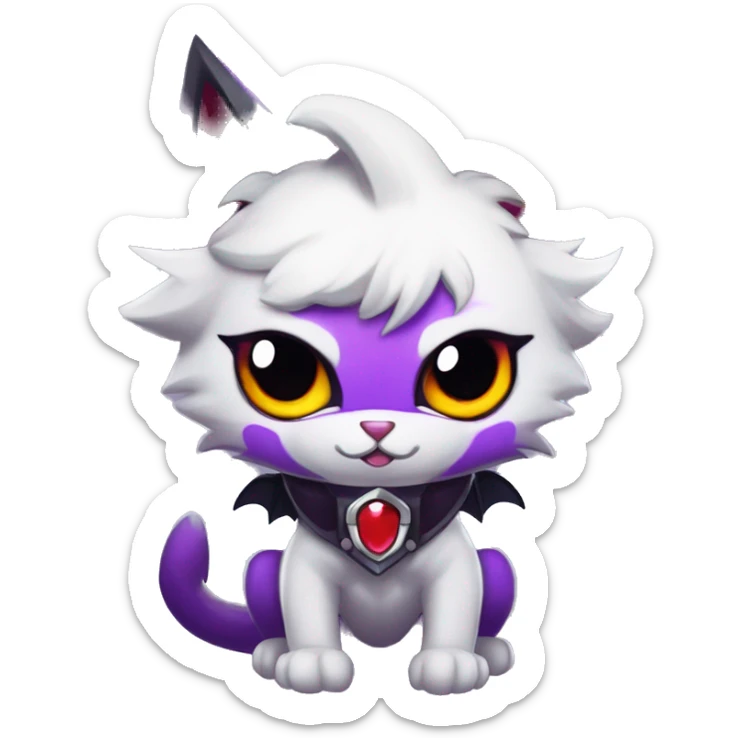 Anthro-Cute-Edgy-Cool-Vampiric-Batty-Cat-Black-Purple-Red-Grey-White-Yellow-Contrast-Colors-Fantasy-Fur-Sona-Chibi-Shiny-Fakémon-Hybrid with horns and big fangs and collar full body sticker