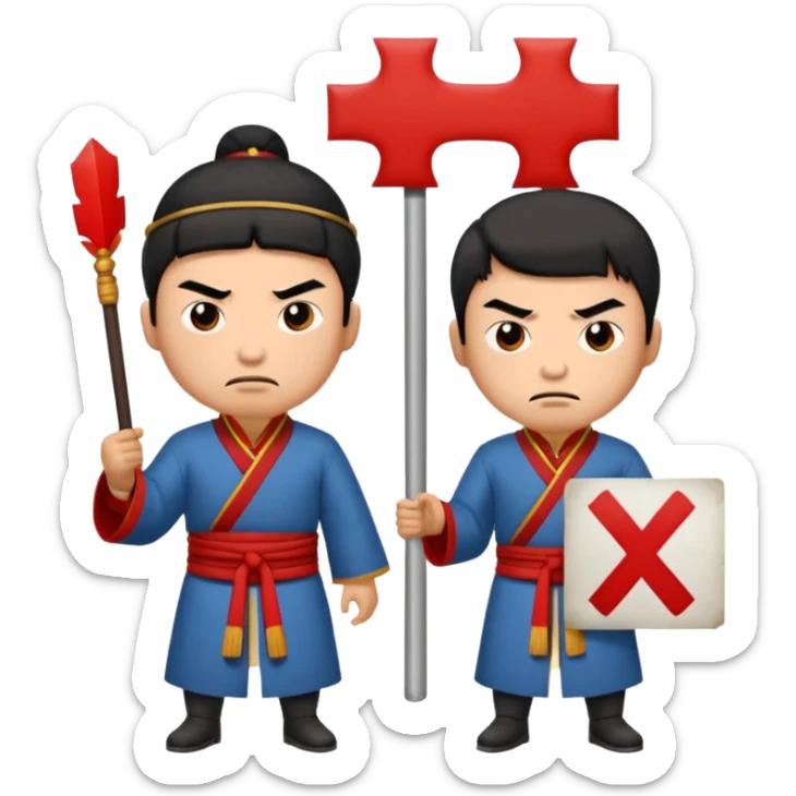 qing empire man who is of han ethnicity who looks angry that is holding a sign that has a red x on it to another man who is not han ethnicity who looks sad sticker