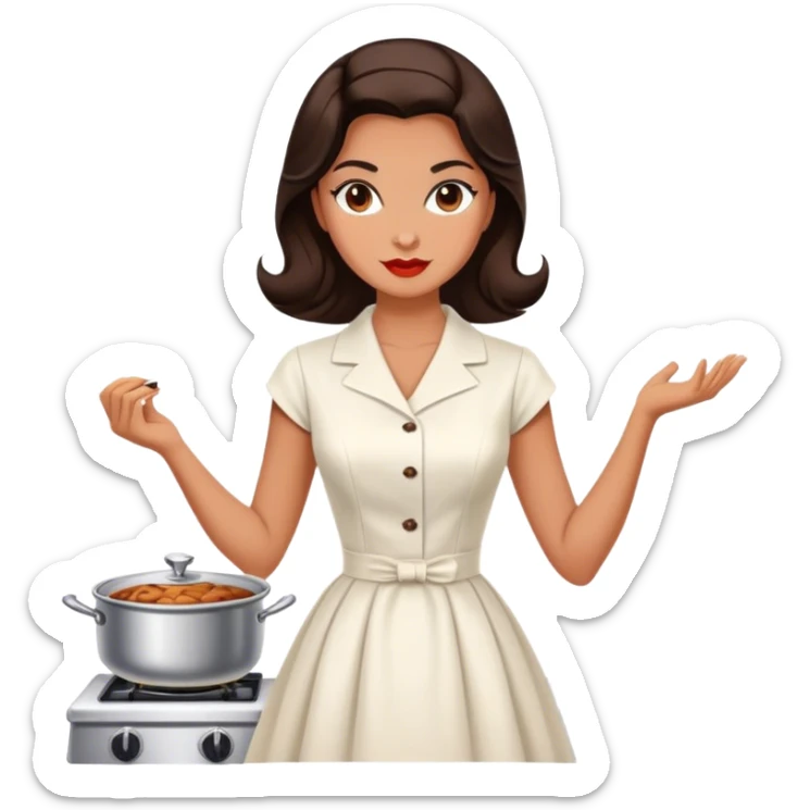 Beautiful woman in 1950’s woman fashion look, white dress, long dark brown hair, cooking sticker