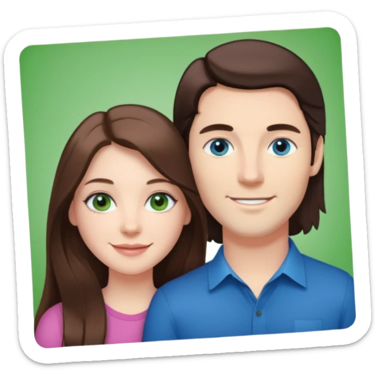 “A pink Polaroid-style photo of a couple: a white woman with long brunette hair and blue eyes, and a white man with short brunette hair and green eyes.” sticker