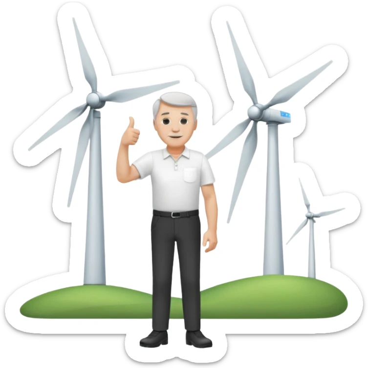 an older white man with grey hair and a white shirt and black pants doing a thumbs up pose, standing next to a silver wind turbine sticker