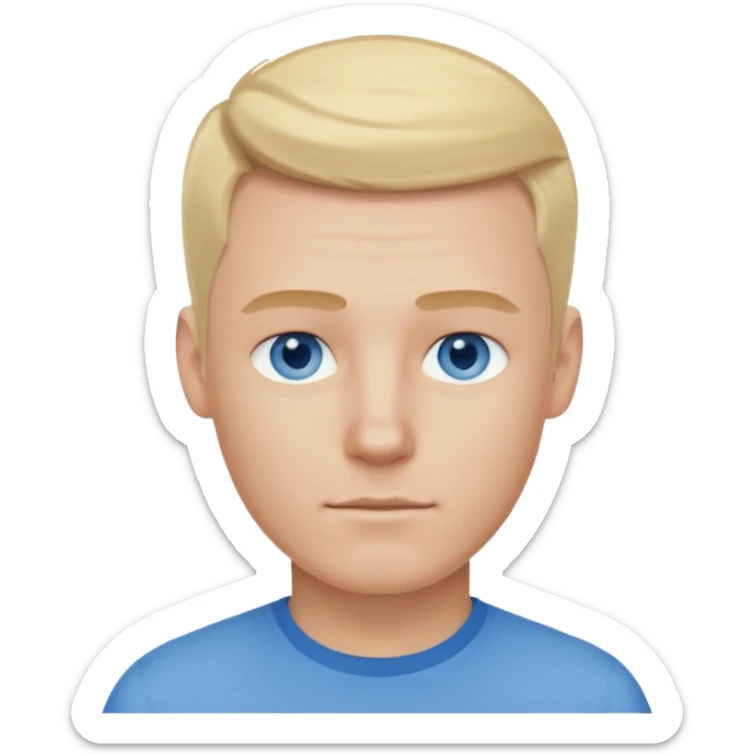 man with mustache, white man, blue eyes, blonde hair with shaved sides, wearing blue shirt sticker