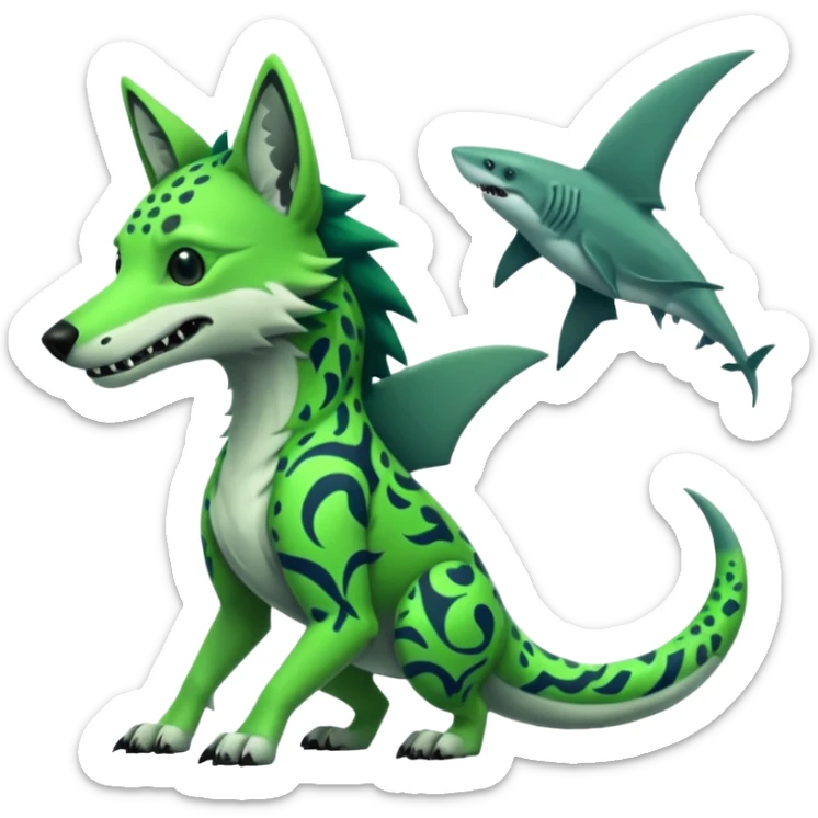 Edgy cool badass Neon-green landhai-sergal-dingo-hyena-wolf-raptor, with a shark tail, with black and dark-green swirly patterns markings sticker