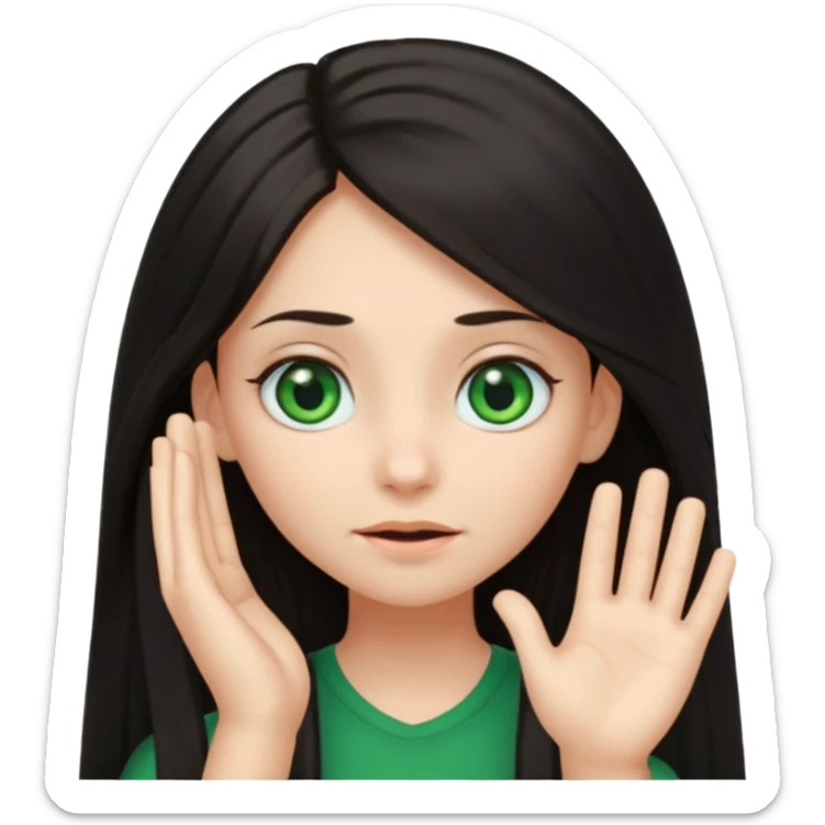 Animated girl dark long hair green eyes emoji with duh facial expression ,one hand on top of her head sticker