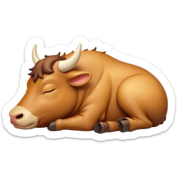 Meme-Worthy Cute Sleeping Domestic Ox Portrait Emoji, Head resting peacefully with a contented smile, showcasing a massive, sturdy build and a luxuriously soft hide, eyes gently closed in serene, restful slumber, Simplified yet hilariously adorable features, highly detailed, glowing with a soft, drowsy natural light, high shine, relaxed and utterly lovable, stylized with an air of playful laziness, soft glowing outline, capturing the essence of a sleeping ox that feels destined to become the next viral sensation of adorable rest! sticker