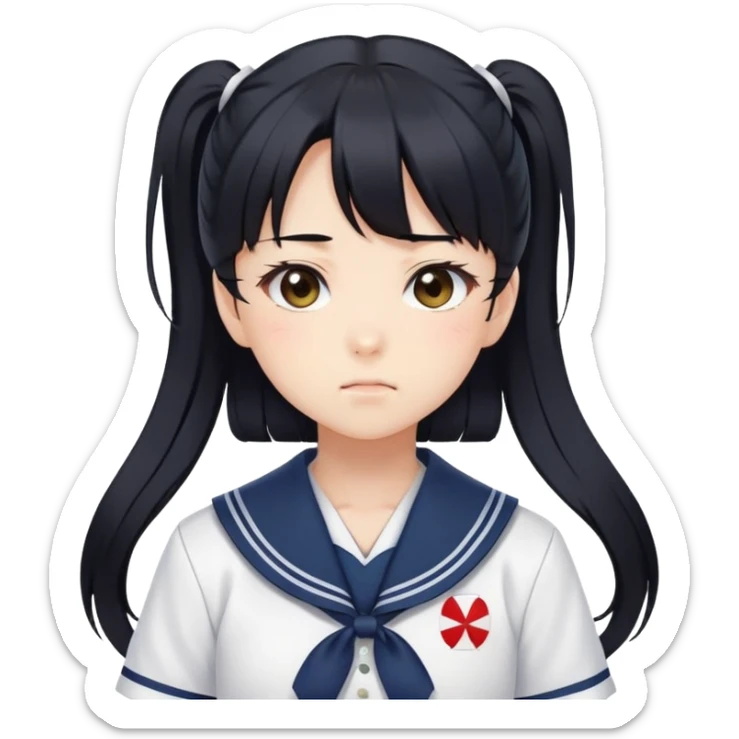 Serious anime girl with long black hair in high ponytail wearing Japanese sailor style school uniform, stern expression, kawaii style sticker