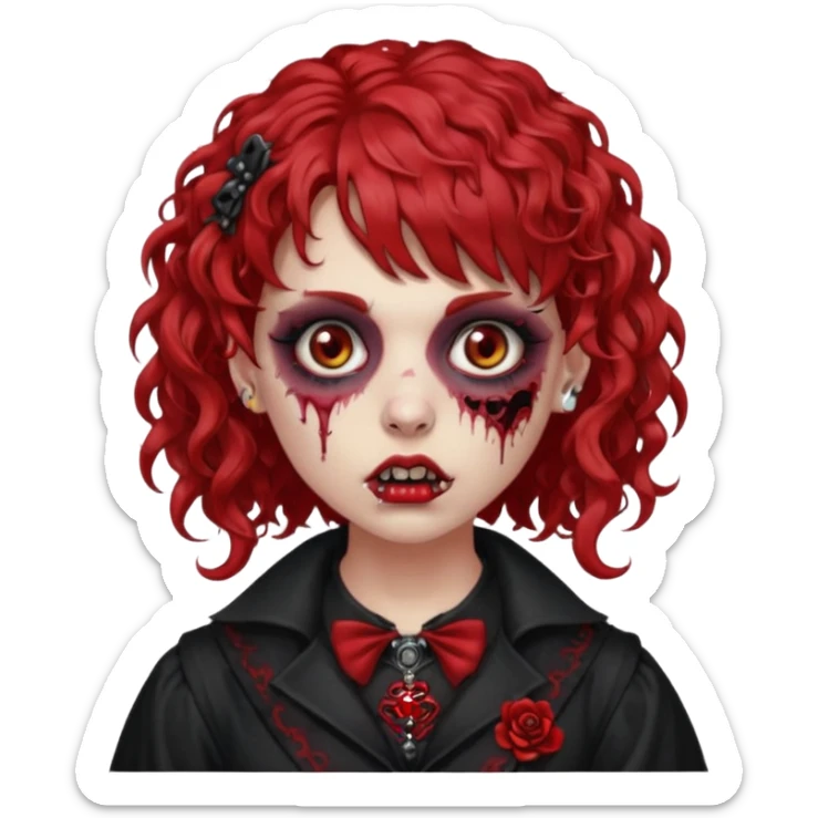 zombie girl red hair cacheado médio e franja, com piercings na boca, nariz e sobrancelha,  roupa gótica  sticker
