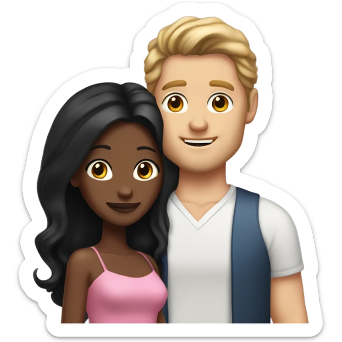 A handsome white man who has long brown hair and tanned skin with a pretty black woman who has long black hair and she is wearing a pink dress and they are a couple sticker