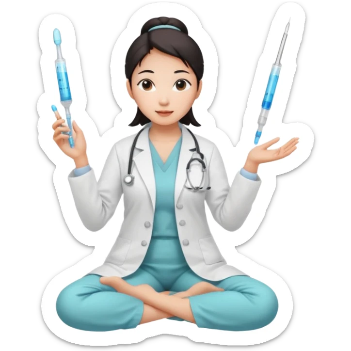 emoji of an asian woman with a single bun in a white lab coat sitting cross legged with micropipettes levitating above each hand. the tips should be pointing away from her and she should not be wearing a stethoscope sticker