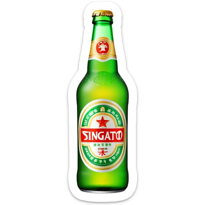Tsingtao beer bottle, green bottle with iconic label, Chinese beer brand, foam, emoji style sticker