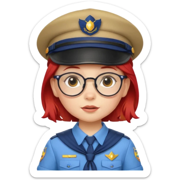 scout girl baby with uniform including the hat,  little with glassess and red hair sticker