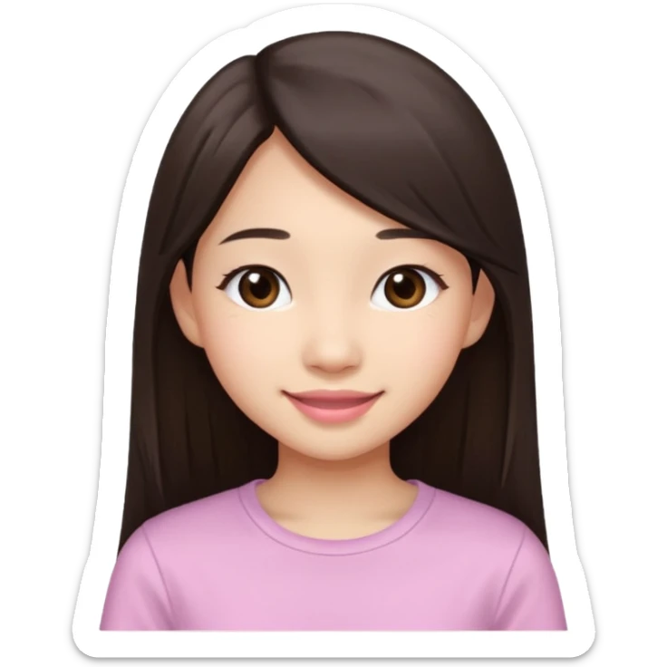 Asian girl, 17, light skin, long dark brown straight hair, big brown eyes, soft pink lips, smiling like an emoji, cute and friendly look, white simple top, portrait from head to chest, white background. sticker