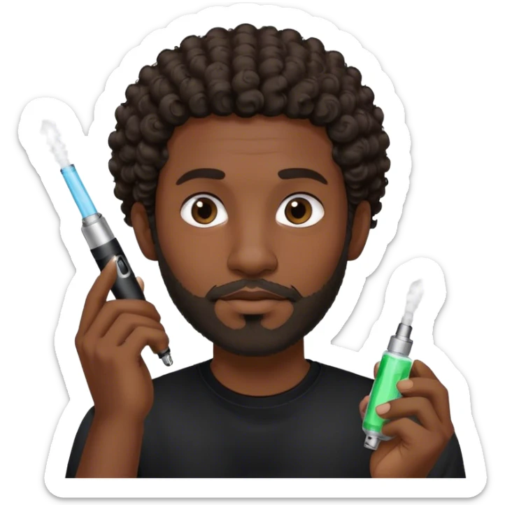 dark black guy, short curly hair, facial hair, holding vape, black shirt  sticker