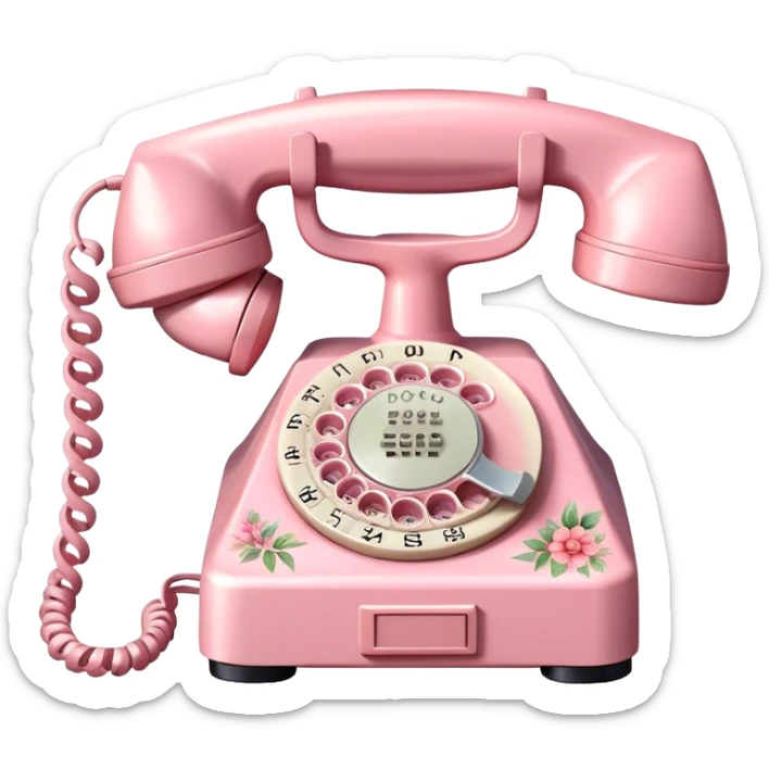 "A vintage pink rotary telephone with intricate floral details and a soft ribbon bow, watercolor style." sticker