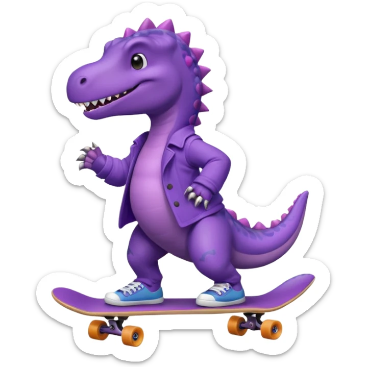 a purple dinosaur on a skateboard wearing a coat with sneakers in the bottom sticker