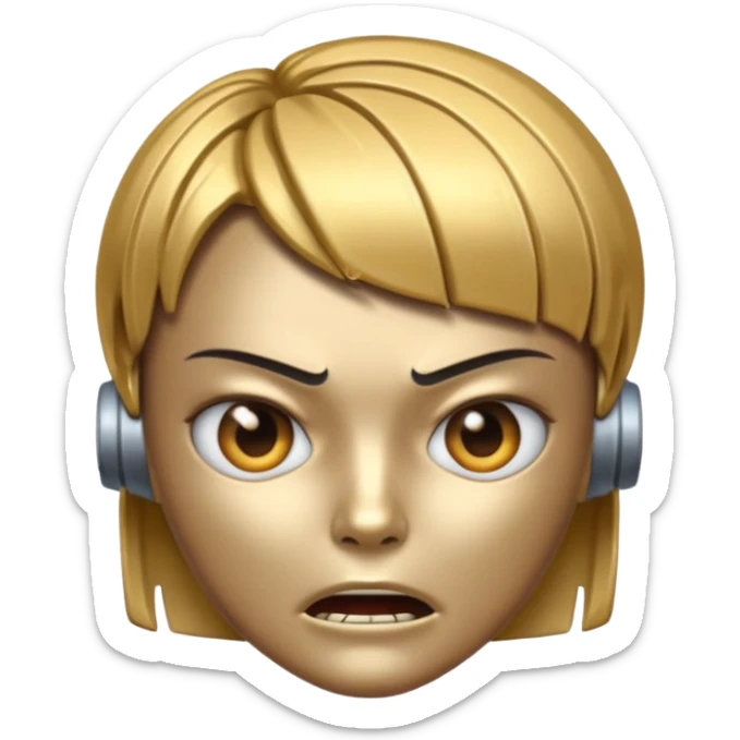 Robot emoji with a "Karen" haircut and angry facial expression sticker