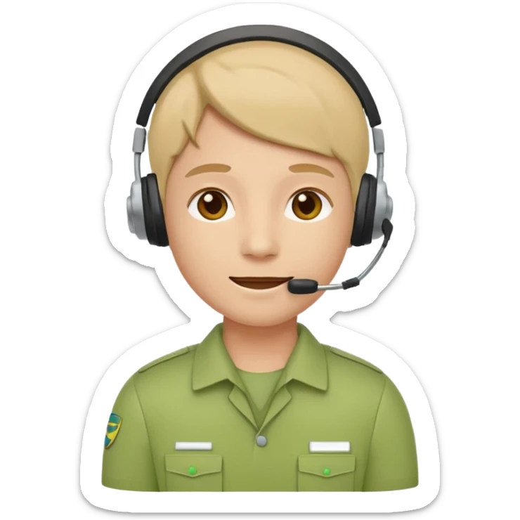 A modern flat emoji depicting a call center employee wearing a light green uniform and headset, with a friendly expression, a minimalist design, bright colors, and a white or transparent background. sticker