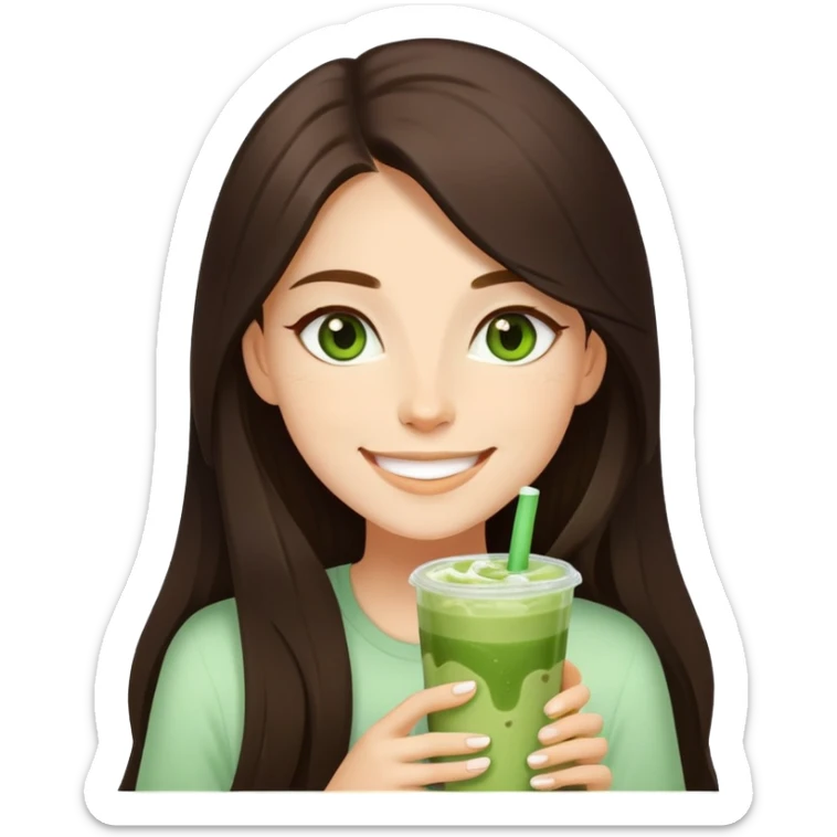 Girl with dark brown long hair and green eyes drinking iced matcha latte. She’s happy  sticker