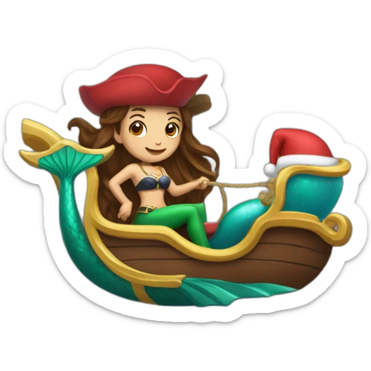 Brown haired mermaid and woman pirate in Santa’s sleigh sticker