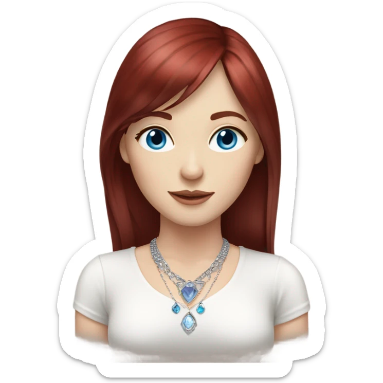 woman with pale skin, blue eyes and long dark red hair with layers and bangs, wearing a white top and silver jewellery sticker