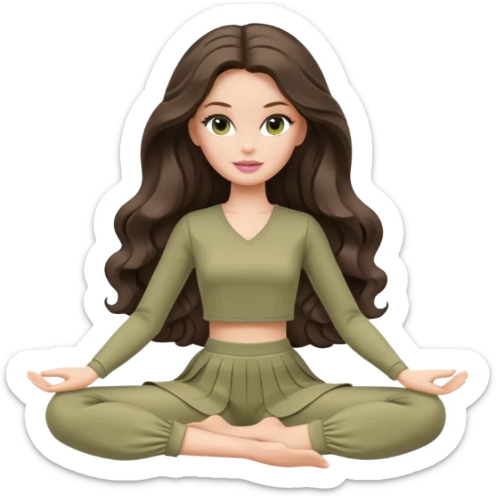 A white Barbie girl with long dark brown wave hair in a pale olive clothes Sitting on the splits sticker