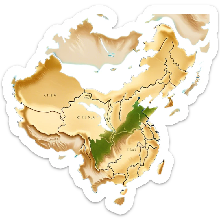 Cinematic-realistic outline of china, featuring its distinct landmass with accurately defined coastlines. The deep blue ocean surrounds the golden-brown continent, with subtle topographic shading to highlight its terrain. A soft glowing effect enhances the edges, making the shape stand out against a neutral, textured background. sticker