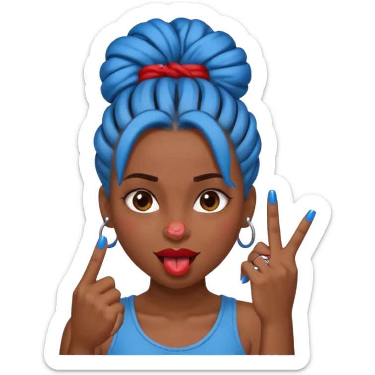 brown girl with blue locs in a bun with tongue out and red nails showing middle finger sticker